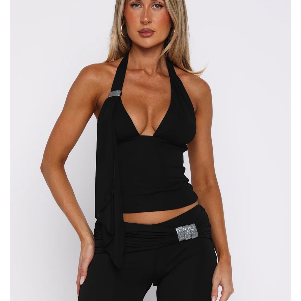 White Fox Boutique Black Halter Top with Silver Accents